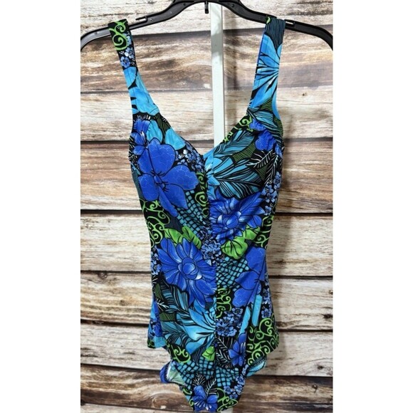 Maxine Of Hollywood Swimsuit Size 10 Blue Black Shirred Front One Piece Floral - Picture 1 of 9